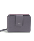 Gray wallet with product details on a white background