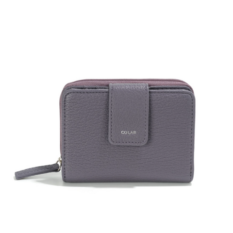 Gray wallet with product details on a white background