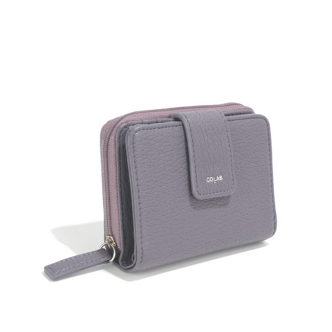 Gray wallet with visible brand logo on a white background
