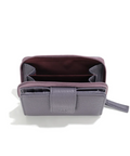 Gray pouch with a purple interior on a white background, featuring vegan leather label.