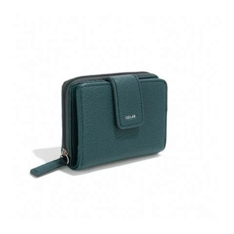 Teal wallet with a visible brand logo on a white background