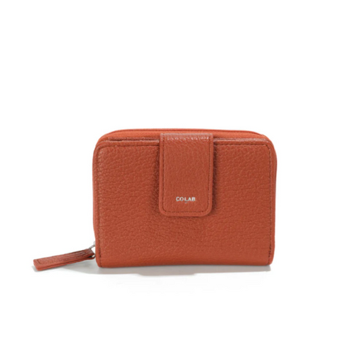 Brown wallet with 'Colab' branding on a white background
