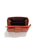 Brown leather wallet on a white background with product details.