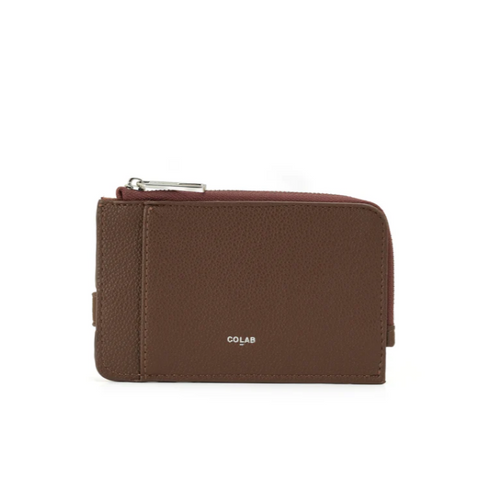 Brown wallet with 'Colibr' branding on a white background