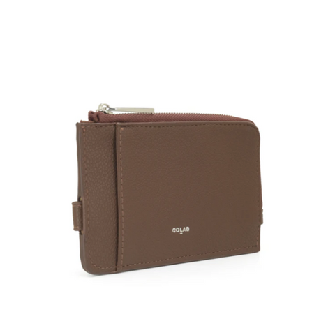 Brown wallet with visible brand name on a white background