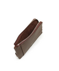 Brown leather pouch with zipper on a white background, featuring a vegan leather label.
