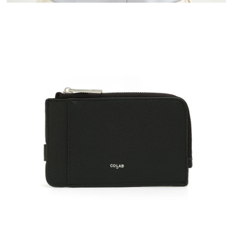 Black wallet with visible brand name on a white background