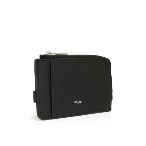 Black wallet with 'Colab' branding on a white background