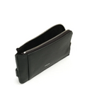 Black leather clutch bag on a white background with vegan certification logo.