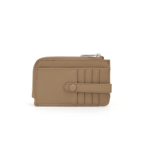 Beige wallet on a white background with vegan label