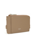 Beige wallet with visible brand name on a white background