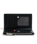 Black leather wallet with a clear card holder on a white background