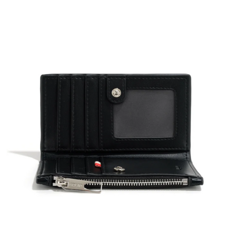Black leather wallet with a clear card holder on a white background