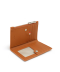 Brown leather wallet with open design on a white background, featuring a vegan leather label.