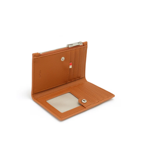 Brown leather wallet with open design on a white background, featuring a vegan leather label.
