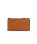 Brown wallet with features listed on a white background