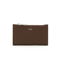 Brown wallet on a white background with product details and branding.