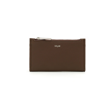 Brown wallet on a white background with product details and branding.