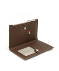 Brown wallet with visible vegan label on a white background