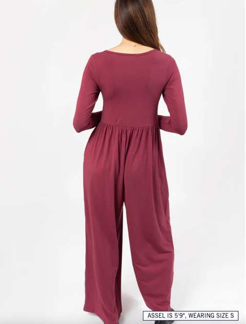 Camille Loose Long Sleeve Romper | Dark Cranberry