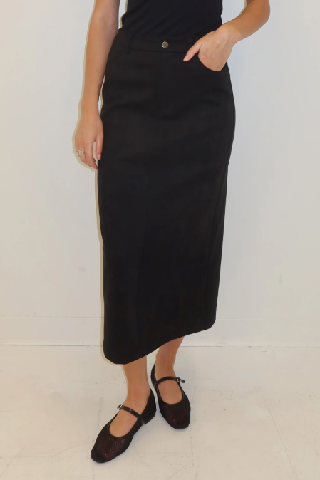 Person wearing a black skirt with a white background