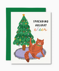 Greeting card with a cat and Christmas tree illustration and 'Spreading Holiday Cheer' text.