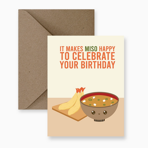 Birthday card with a bowl of miso soup and envelope on a computer screen