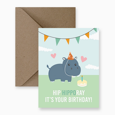 Birthday card with a hippo illustration and brown envelope on a white background