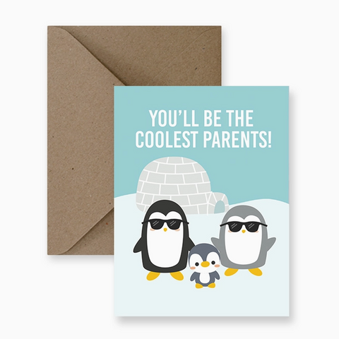 Greeting card with penguin family illustration and text 'You'll be the coolest parents!' on a light blue background.