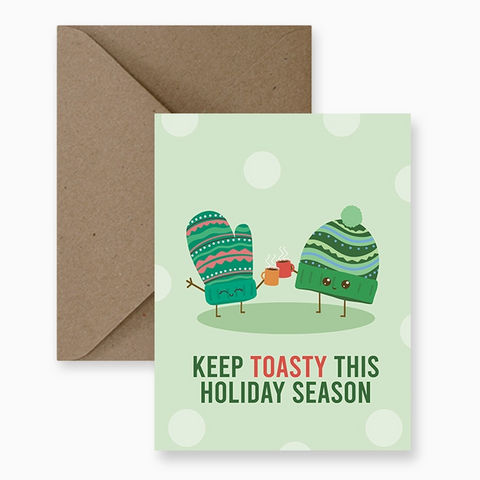 Greeting card with cartoon mittens and envelope on a light green background
