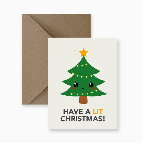 Christmas card with a tree design and envelope on a white background