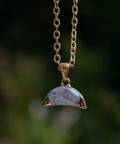 Necklace with a half-circle pendant on a blurred green background
