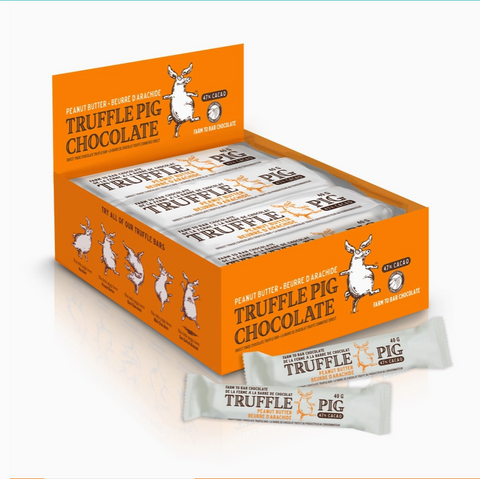 Box of Truffle Pig chocolate bars with a white background
