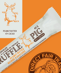 Chocolate truffle bar packaging with 'Pig' branding on an orange background