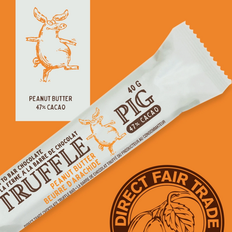 Chocolate truffle bar packaging with 'Pig' branding on an orange background