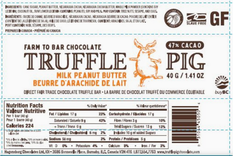 Chocolate truffle bar label with 'Truffle Pig' branding and nutritional information.