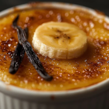 Creme bréleé with a banana slice and vanilla bean on top