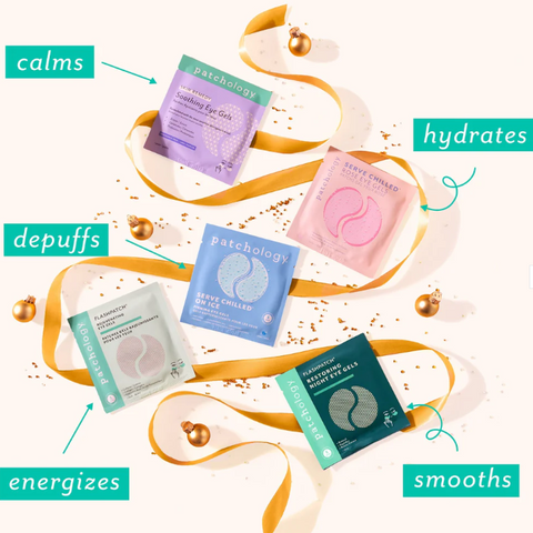 Patchology product packaging on a website homepage with text indicating benefits.