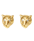 Gold tiger head earrings on a white background