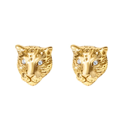 Gold tiger head earrings on a white background