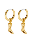 Gold hoop earrings with cowboy boot charms on a white background
