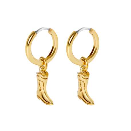 Gold hoop earrings with cowboy boot charms on a white background