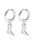 Silver boot-shaped hoop earrings on a white background