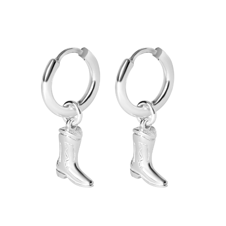 Silver boot-shaped hoop earrings on a white background