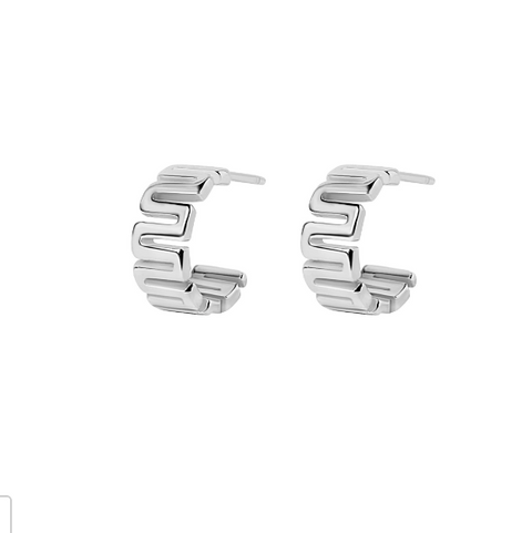 Pair of silver hoop earrings on a white background