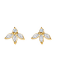 Gold earrings with clear gemstones on a white background