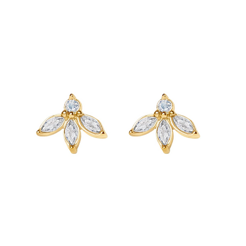 Gold earrings with clear gemstones on a white background