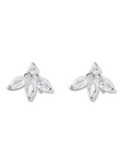 Pair of silver earrings with clear gemstones on a white background