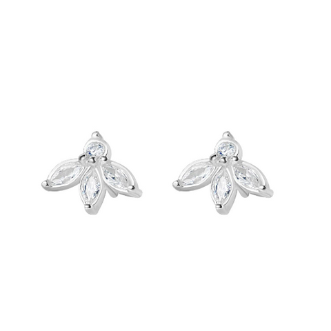 Pair of silver earrings with clear gemstones on a white background