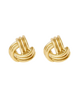 Pair of gold knot earrings on a white background